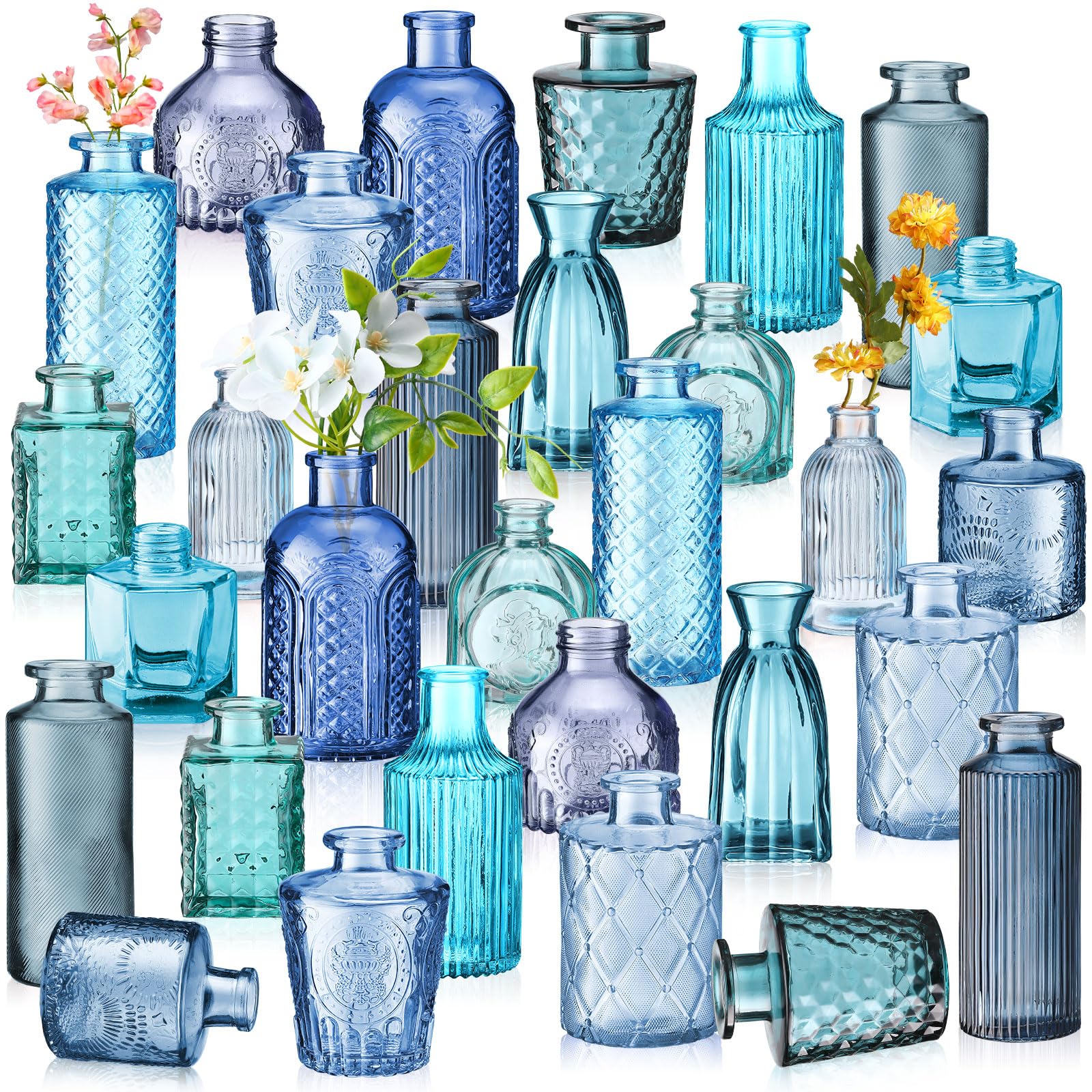 Photo 1 of Yaomiao 30 Pcs Vases Bulk Colored Flower Glass Vases Bud Vintage Colored Glass Bottles Colorful Rustic Embossed for Home Wedding Table Decorations Gifts(Blue Series)
