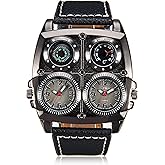 ShoppeWatch Mens Black Watch Oversized Large Face Dual Time Display Black Square Dial Leather Band OM-247