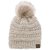 C.C Trendy Fuzzy Fleece Lined Warm Comfortable Soft Stretch Cable Knit Ribbed Faux Fur Pom Pom Beanie Hat
