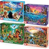 4-Pack 500 Piece Puzzles for Adults, Dog Ocean Wildlife &amp; Nature Jigsaw Puzzles 500 Pieces, Lakeside Puppies, Dolphins &amp; Forest Animals, Family Game Gifts for Home Decor Wall Art