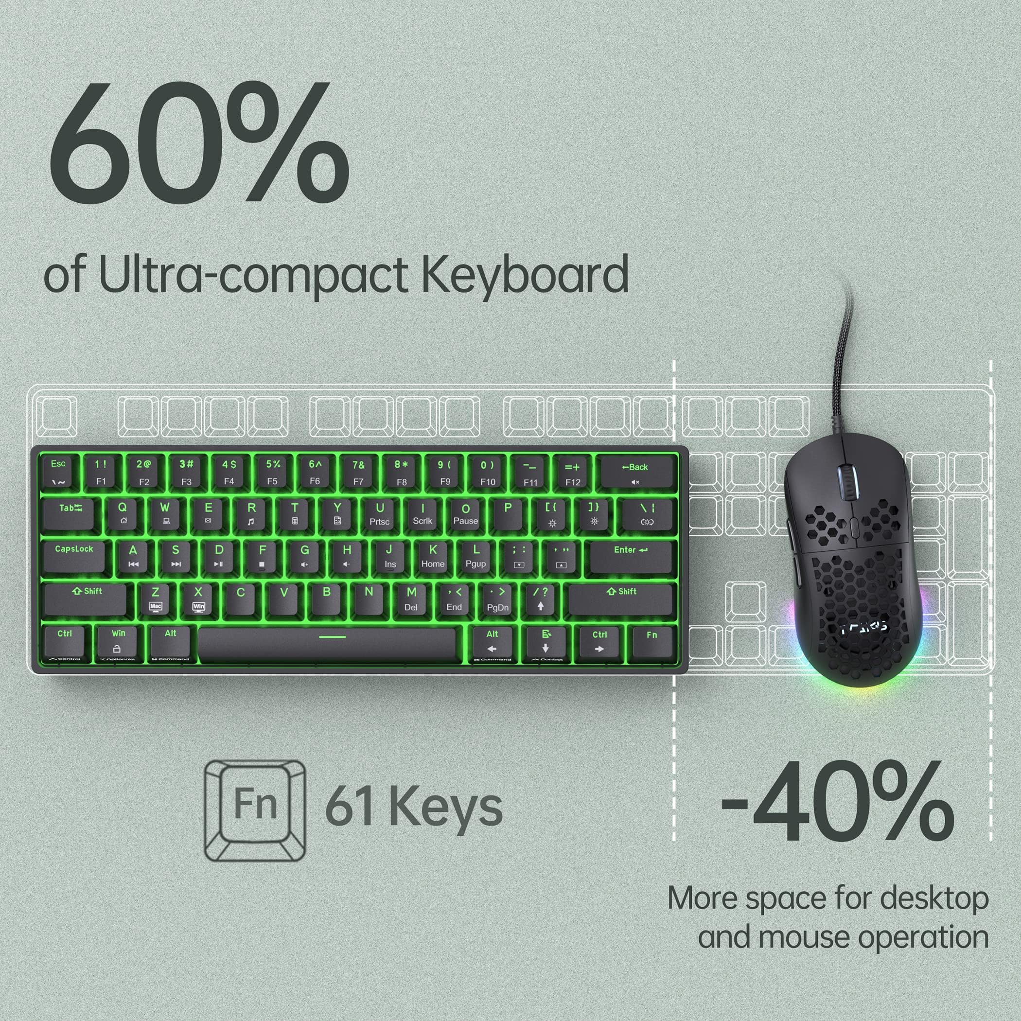 DIERYA DK61SE 60% Mechanical Gaming Keyboard, 61 Keys Anti-Ghosting, LED Backlight, Detachable USB-C, Ultra-Compact Mini Wired Keyboard with Red Linear Switch for Windows Laptop PC Gamer Typist