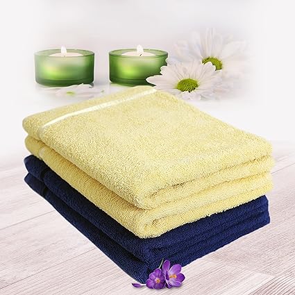 Story@Home 100% Cotton Soft Towel Set of 4 Pieces, 450 GSM - 4 Hand Towels - Navy Blue and Lemon Yellow