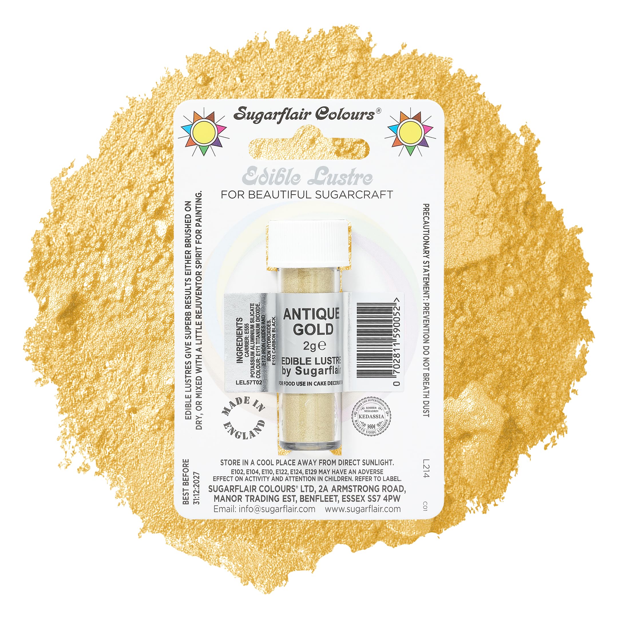 Sugarflair Antique Gold Edible Lustre Dust, Add a Lustrous Shine to Cakes or Decorations. Brush On or Add Rejuvenator to Create Eye-Catching Edible Paint, Gives Shine to Your Bakes - 2g
