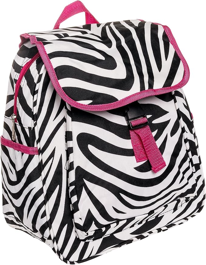 Womens 13" Zebra Print School Travel Backpack Bag w/ Pink Trim (Black