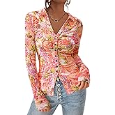 PRETTYGARDEN Women Button Down Floral Shirts 2026 Fall Trendy Long Sleeve V Neck Mesh Boho Blouse Spring Tops Date Outfits