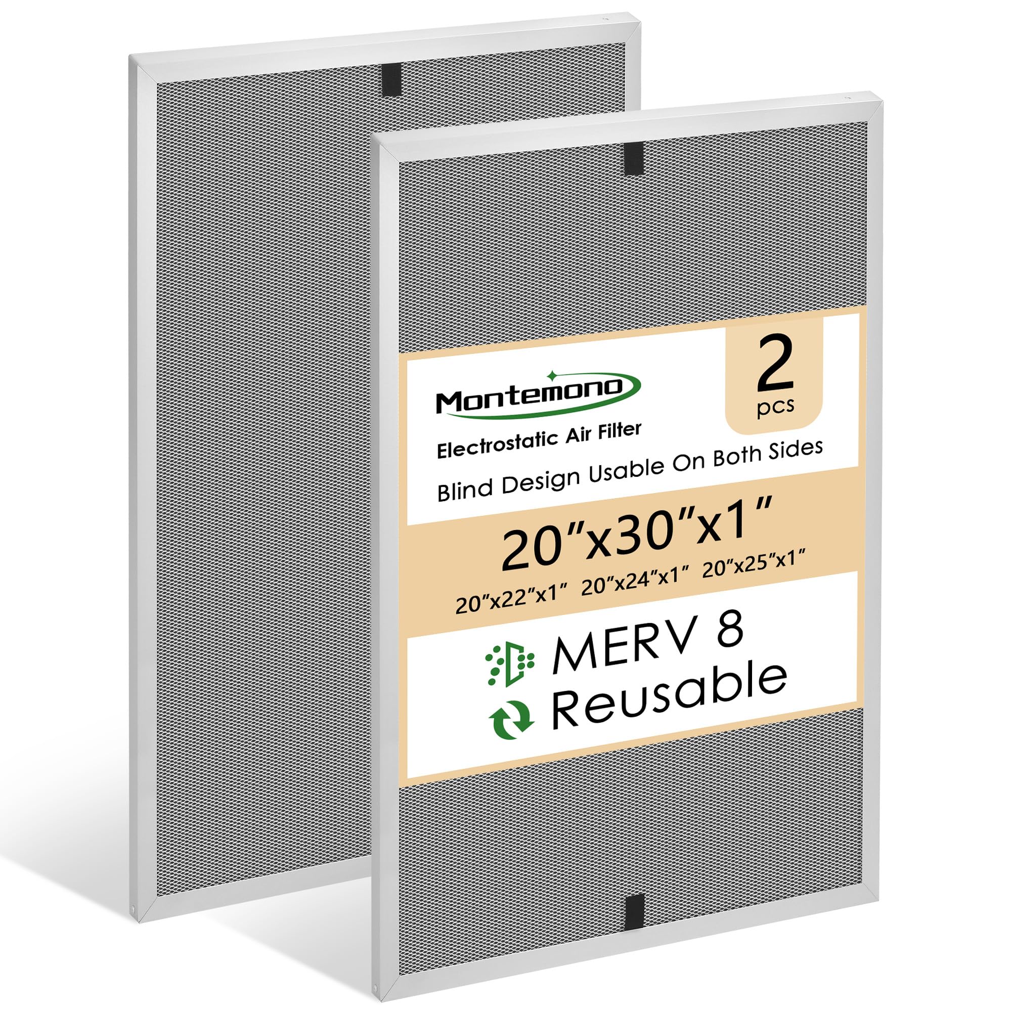 Photo 1 of ***(MINOR DAMAGE/ SEE NOTES)***Montemono 20x30x1 HVAC Filter | MERV8 Aluminum Electrostatic Air Filter Replacement Washable Furnace Filters Reusable Furnace Center AC Filter for Home, 2 PCS