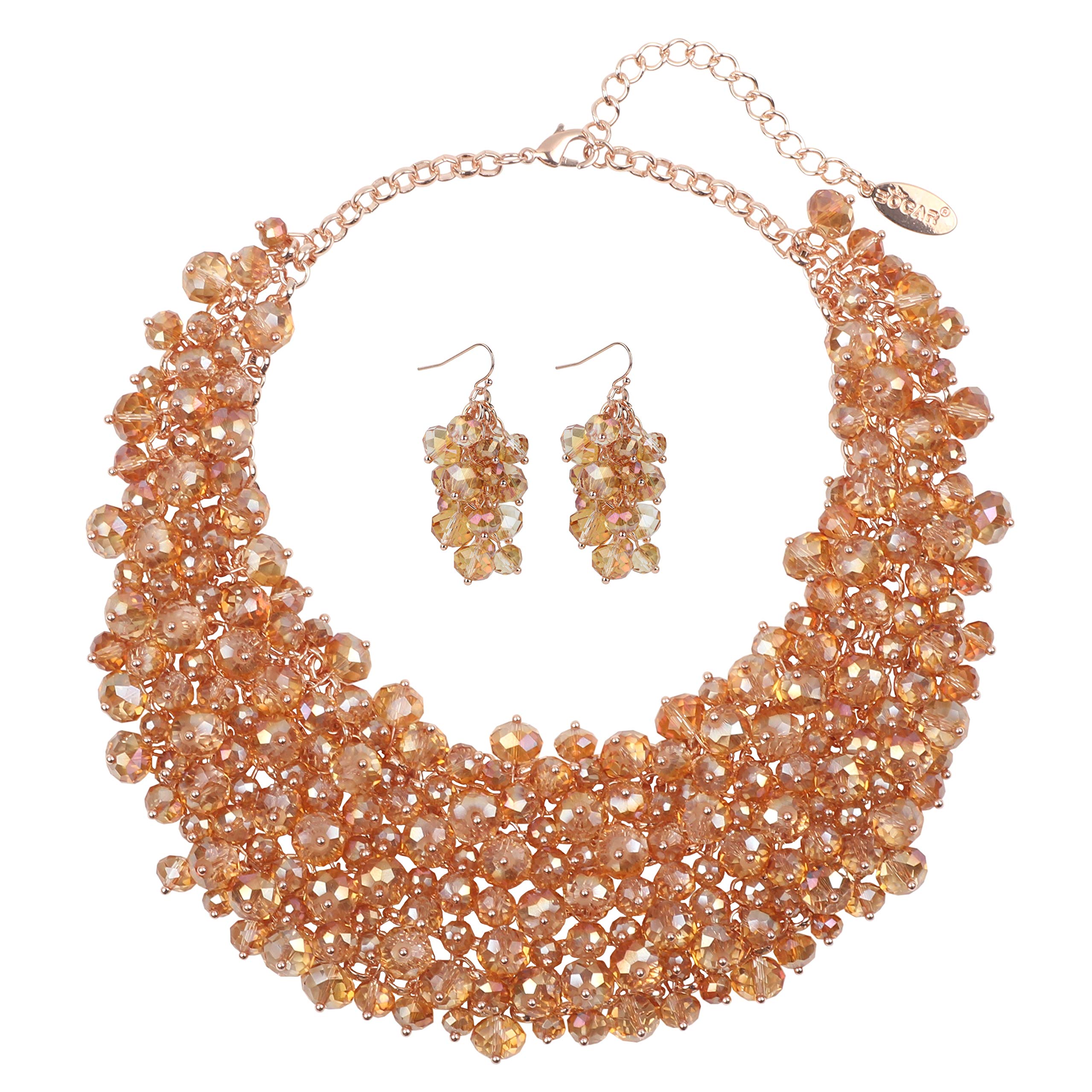 Bocar Fashion Crystal Chunky Collar Statement Necklace Earring Set for Women Gift (NK-10260-Champagne)