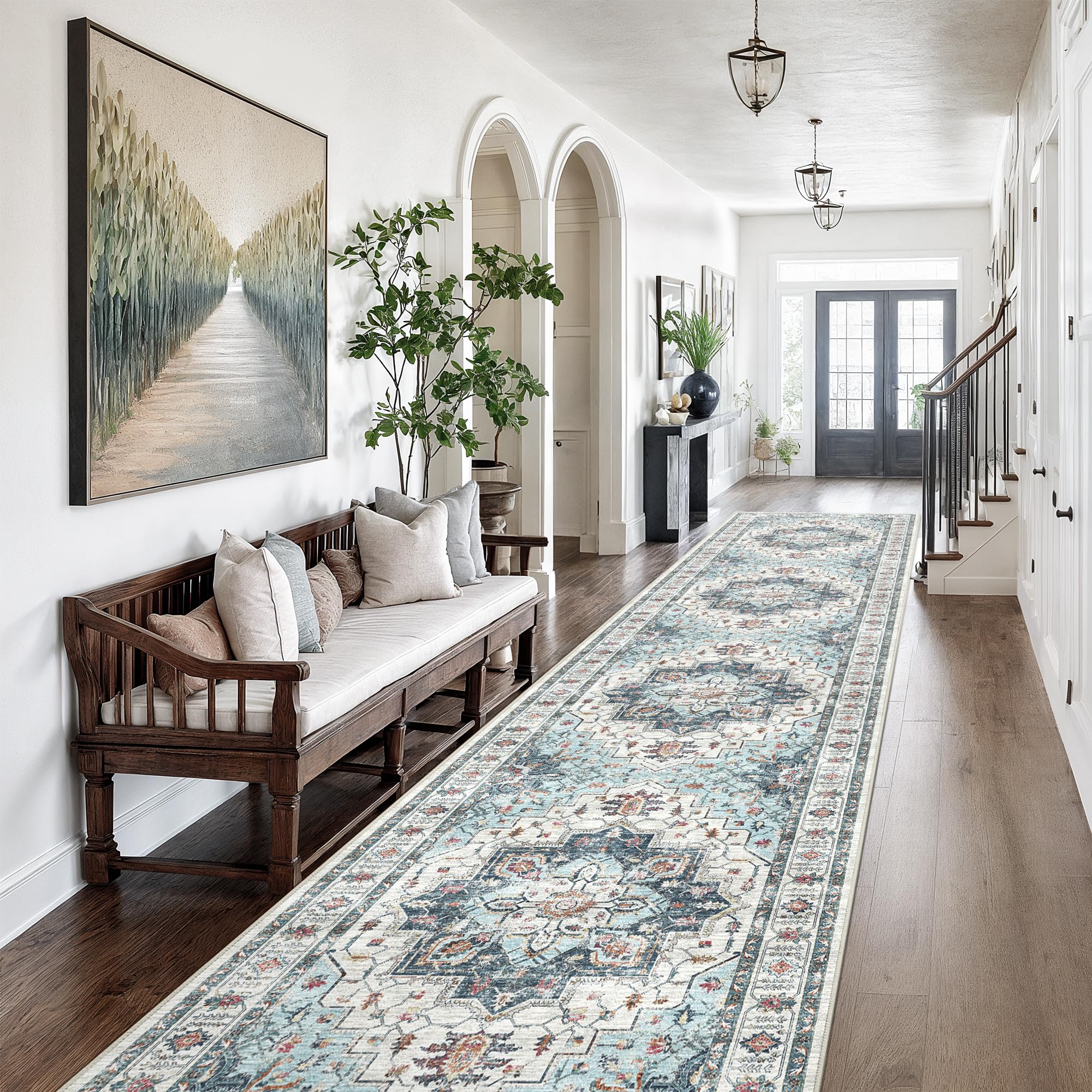Photo 1 of Madane Hallway Runner Rug 3x16 - Vintage Non Slip Washable 16ft Kitchen Runner for Entrance Soft Long Carpet Runners for Living Room Bathroom Low Pile Floor Mat for Bedroom Dining Room, Blue