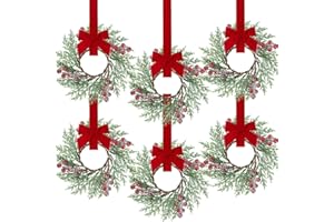 Sggvecsy 6 Pcs Christmas Mini Cabinet Wreaths Norfolk Pine Wreath with Ribbon Bows Red Berry Artificial Small Kitchen Wreath for Window Front Door Farmhouse Wall Pillars Xmas Decorations