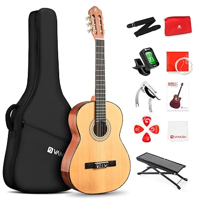 Vangoa Classical Guitar, 39" Nylon String, Full Size Beginner Spanish Guitar With Spruce Top And Sapele Back, Bundle for Gig Bag, Pedal, Tuner, Strap, Capo, Spare Strings