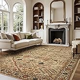 Joydeco 5x7 Area Rugs for Living Room, Machine Washable Vintage Area Rugs, Low Pile Non Slip Carpet, Lightweight Chenille Print Rug for Bedroom, Dining Room, Home Office, Tan