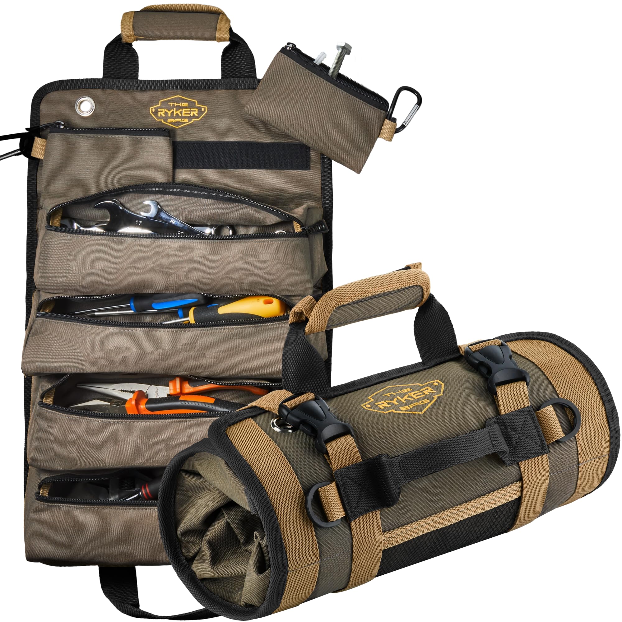 The Ryker Bag Tool Organizers - Small Tool Bag W/Detachable Pouches, Heavy Duty Roll Up Tool Bag Organizer : 6 Tool Pouches - Tool Roll Organizer Gifts for Dad (Khaki+Black)