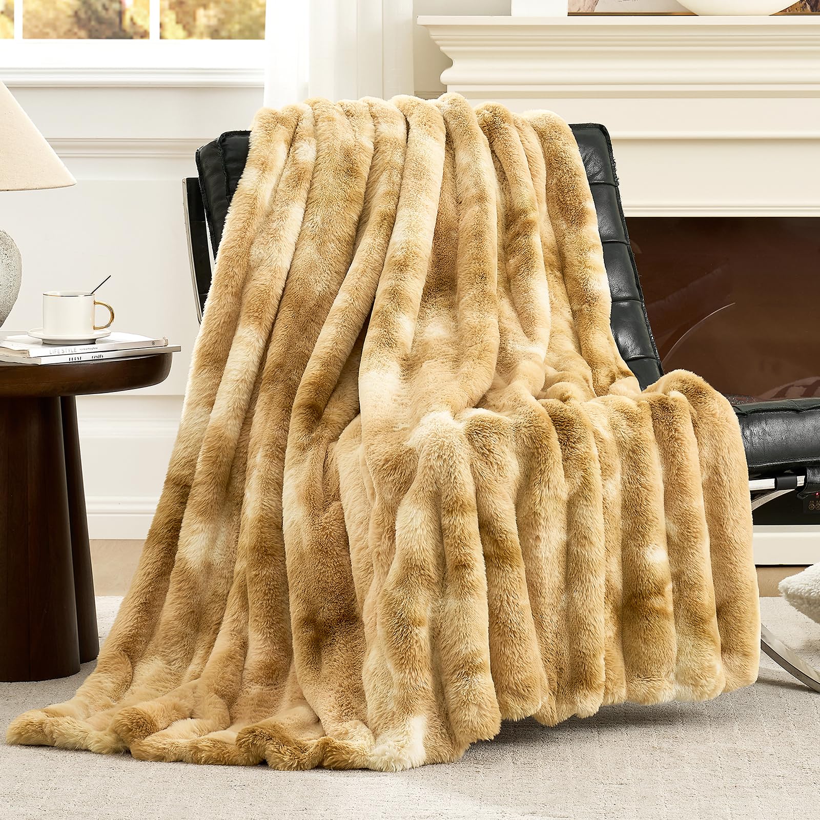 Cozy Bliss Faux Fur Throw Blanket for Couch, Fuzzy Soft Plush Thick Striped Blanket for Sofa Bedroom Living Room, 50 * 60 Inches Tie-dye Khaki Image