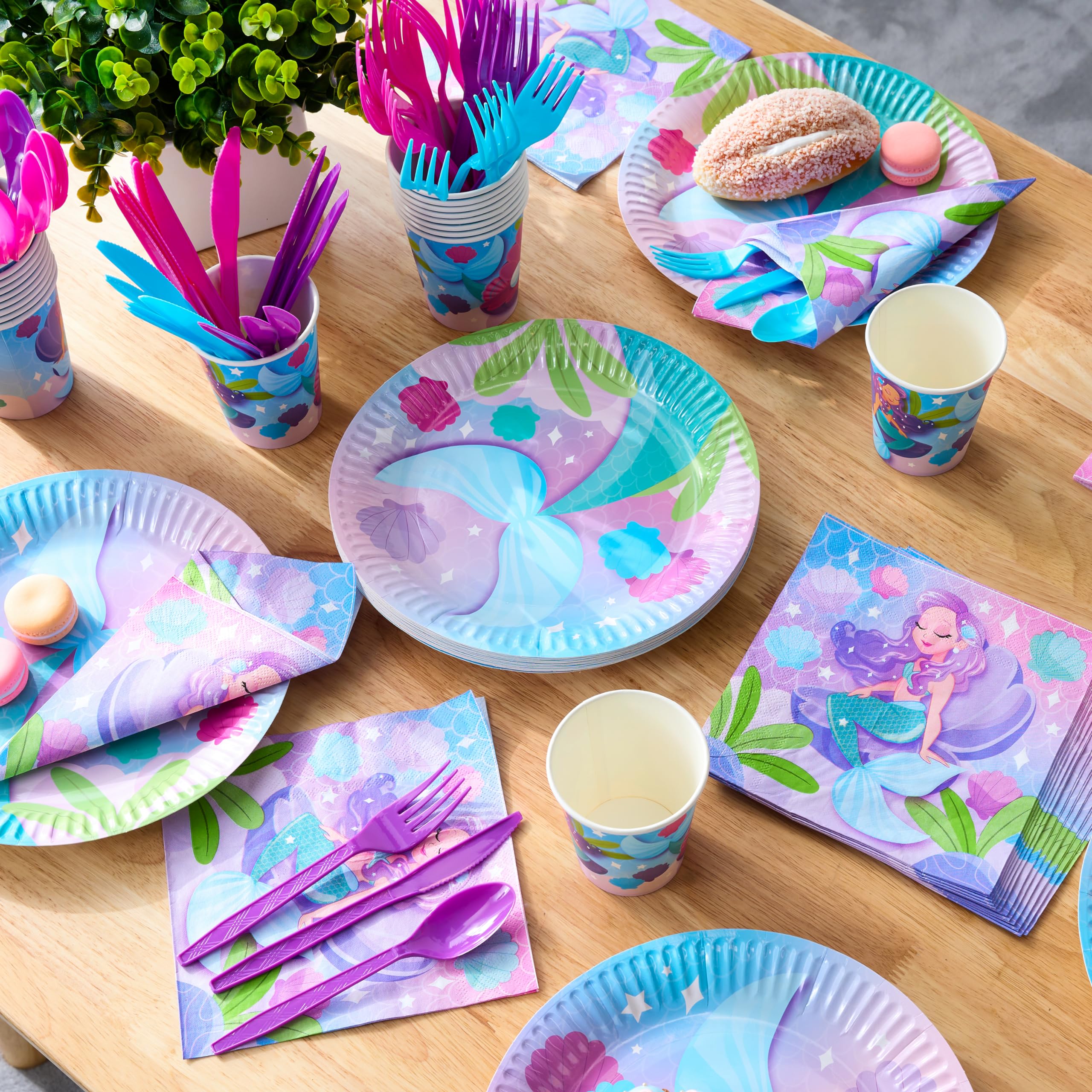 JOYIN 145 Pcs Mermaid Birthday Party Supplies with Banner, 24 Serves Mermaid Tableware Set with Plates, Cups, Napkins, and Cutlery Sets for Mermaid Themes Party Kids 6 7 8 Years