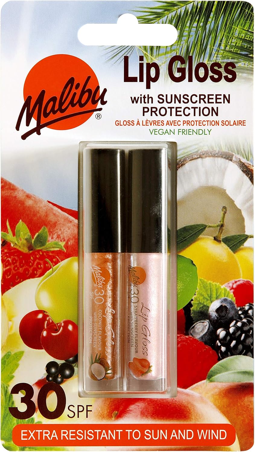 Malibu Sun SPF 30 Sunscreen Lip Gloss, High Protection, Water and Wind Resistant, Coconut and Strawberry, Pack of 2 x 1.5ml
