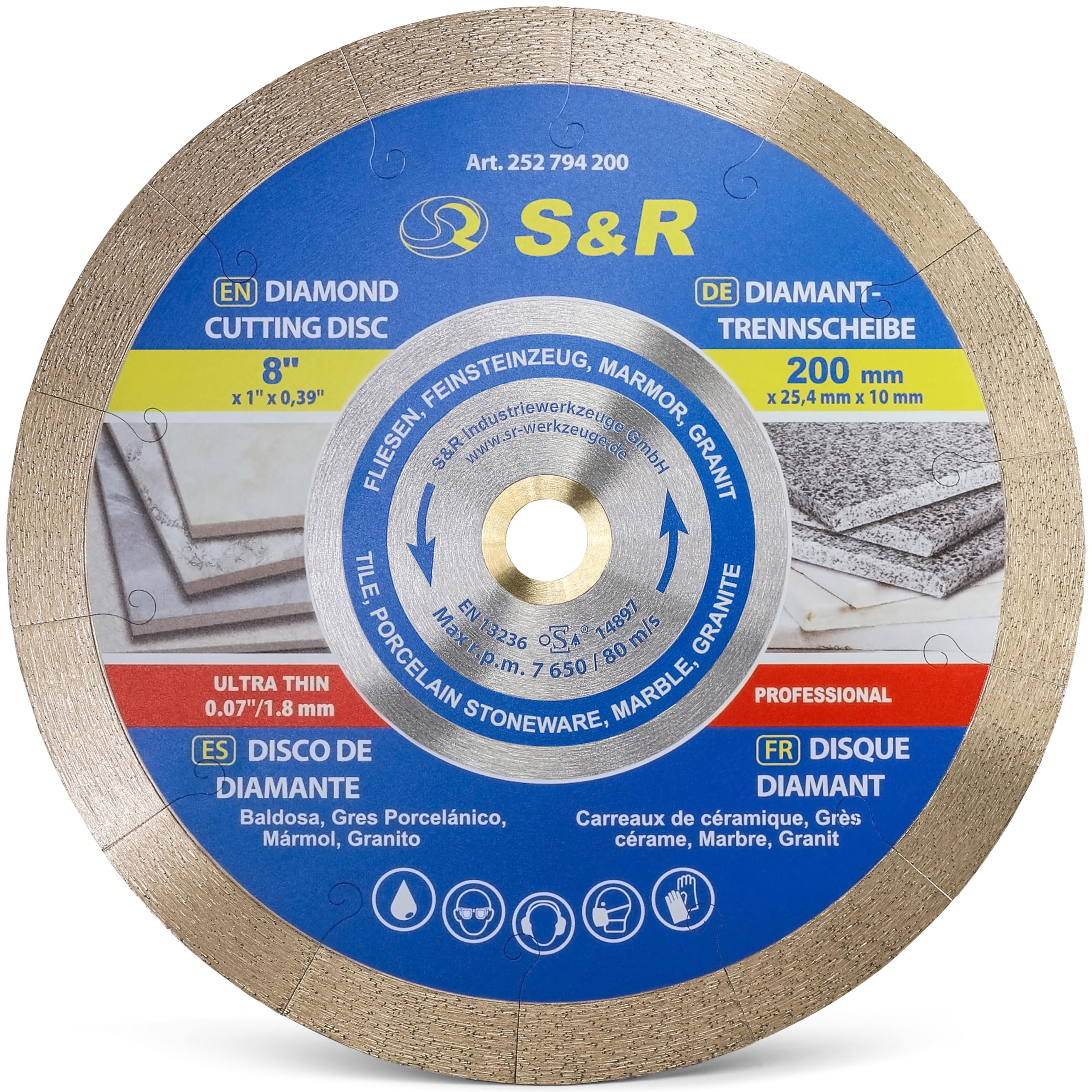 S&R Diamond Saw Blade 200 * 25,4 * 7 mm (1,6 mm), table saw, for porcelain, fine stoneware, hard tiles, granite