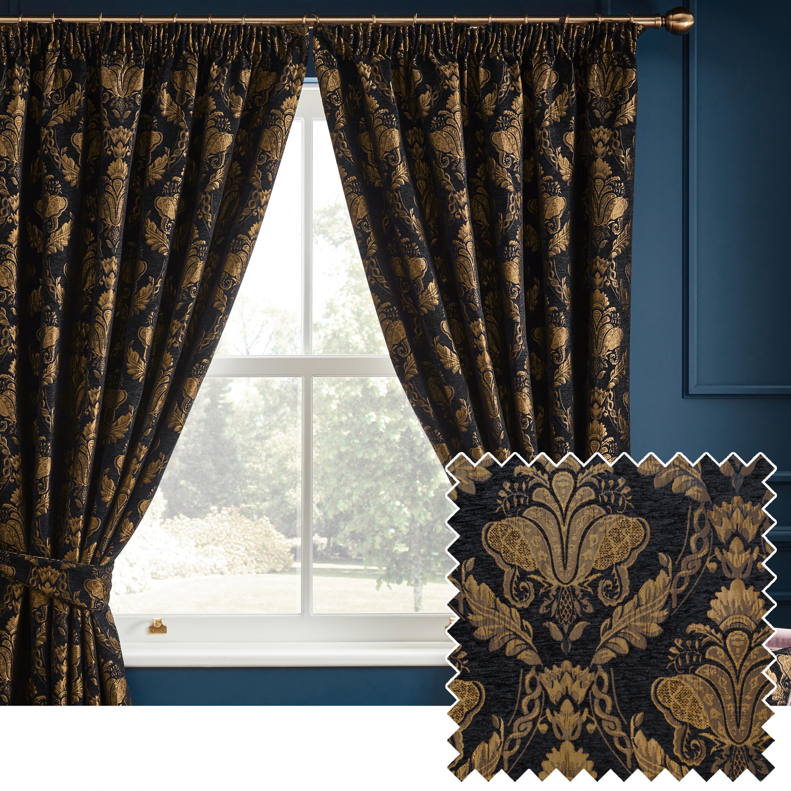Paoletti Shiraz Traditional Jacquard Pencil Pleat Curtains, 229 x 229cm, Black