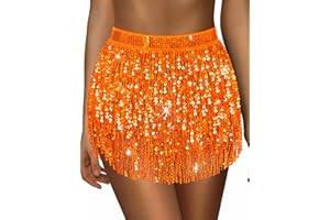 SARFEL Sequin Skirt Sparkly Skirt Belly Dance Skirt Glitter Skirt Rave Sparkle Skirt Sequin Tassel Skirt Fringe Hip Scarf Women