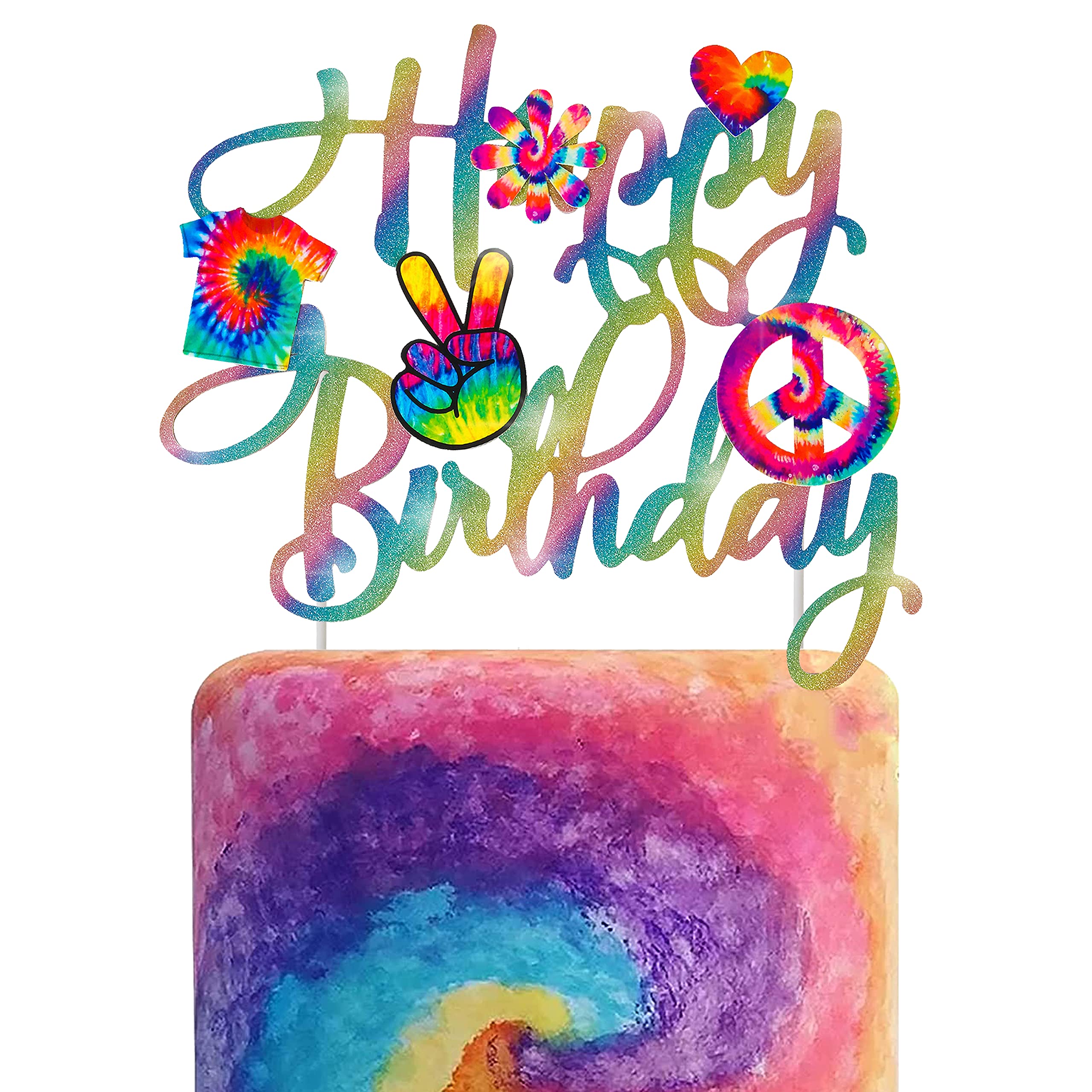 C L cooper life Tie Dye Happy Birthday Cake Topper - Gold, 1pc, 7.9 x 6.85 inches - Birthday, Anniversary, Party - Yellow