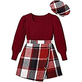 AGAPENG Girl Skirt Sets 3 Piece Outfits Square Neck Jacquard Puff Sleeve Tops Plaid Mini Skirt Shorts Fall Winter Clothes