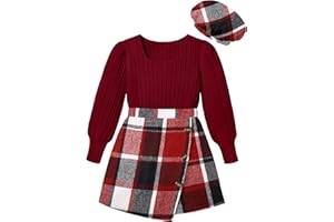 AGAPENG Girl Skirt Sets 3 Piece Outfits Square Neck Jacquard Puff Sleeve Tops Plaid Mini Skirt Shorts Fall Winter Clothes