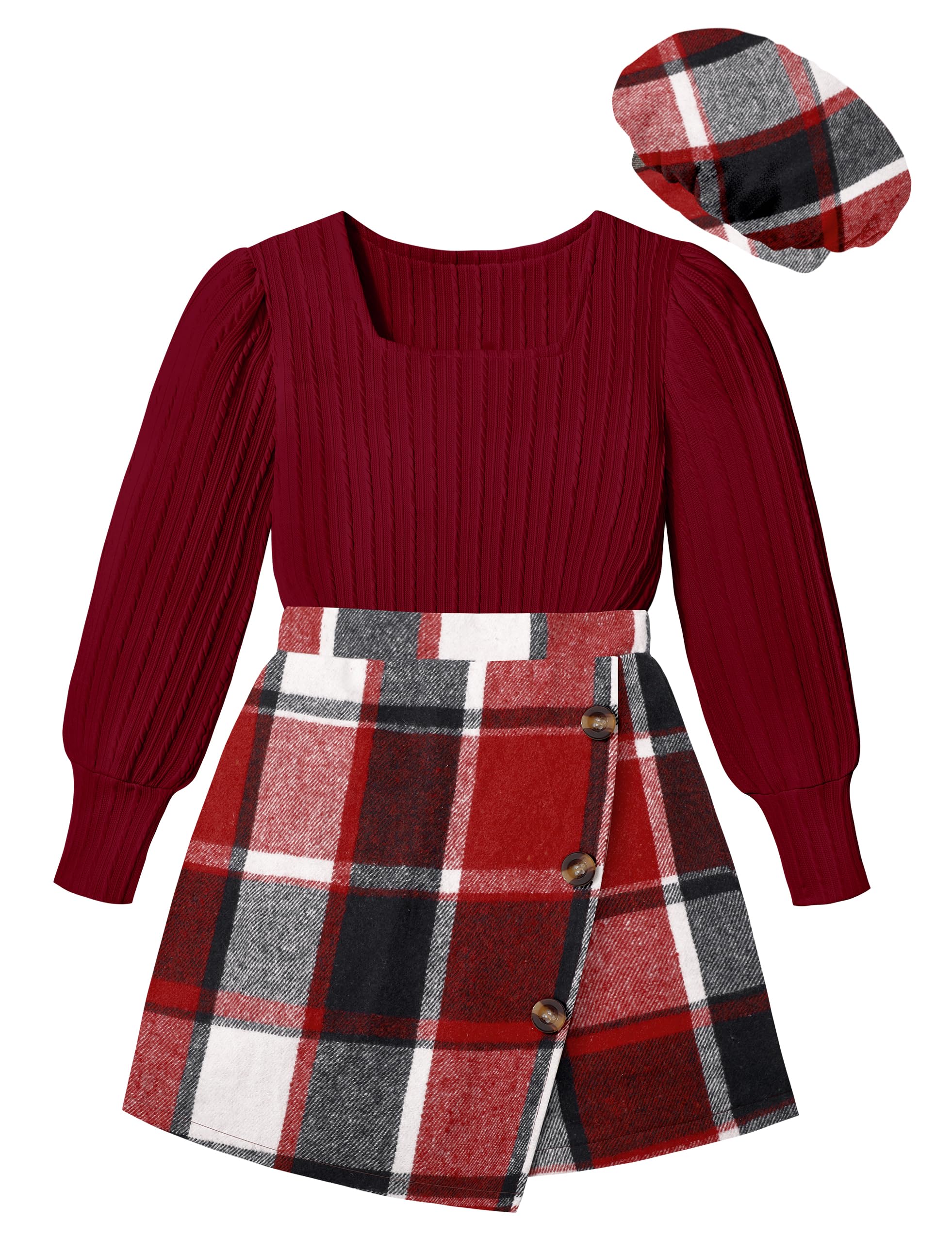 Photo 1 of AGAPENG Girls Clothes Size 12-14 Girls Outfits Skirts Square Neck Red Jacquard Puff Long Sleeve Tops Red Plaid Mini Skirt Sets Shorts Christmas Dress Christmas Outfit Fall Winter 13-14 Teen Girls