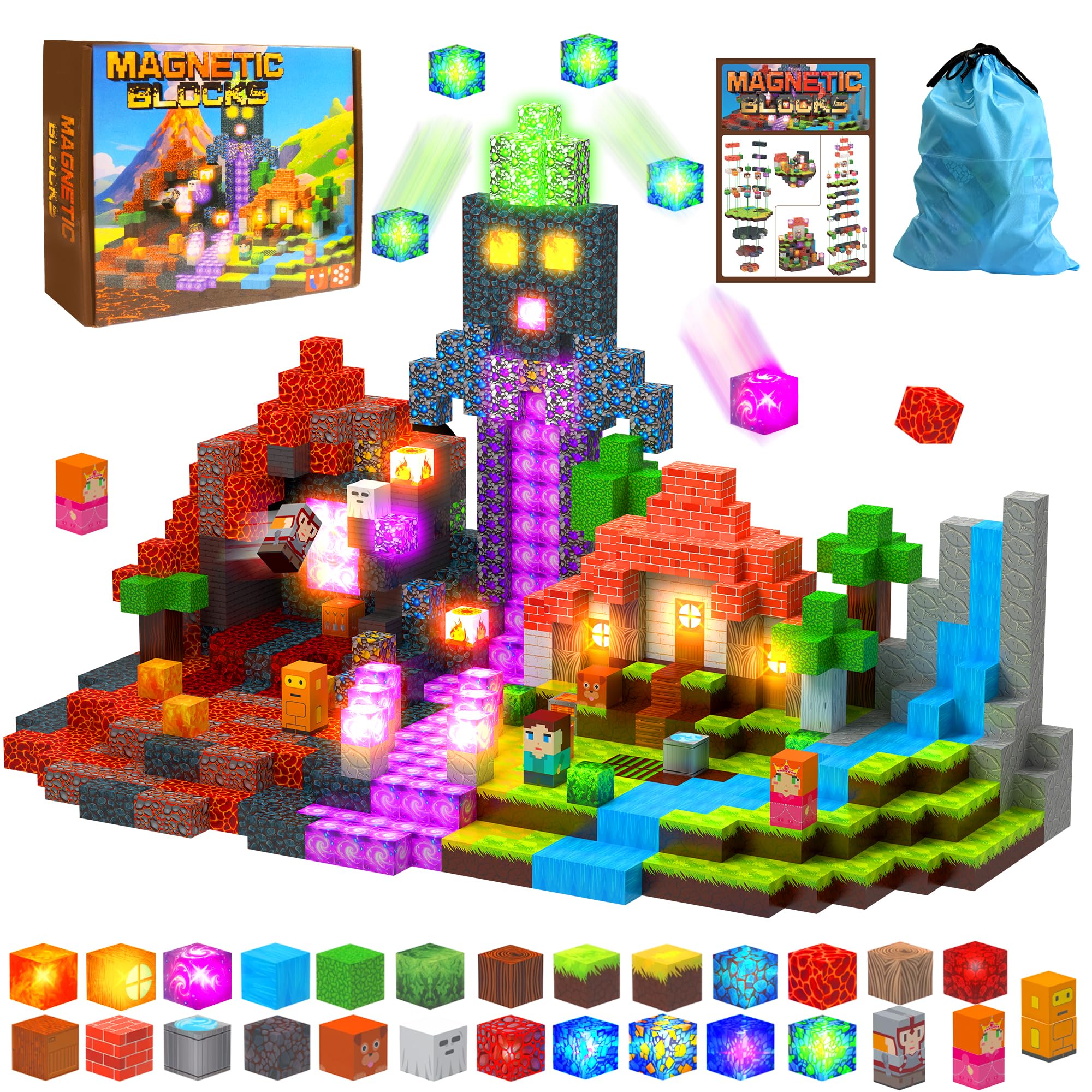 HEJIHUI Magnetic Tiles Building Blocks for Kids Ages 3+, STEM Toys for Toddlers, 200PCS Magnetic Construction Set with Storage Bag, Educational Birthday Gifts for Boys & Girls (Volcano)