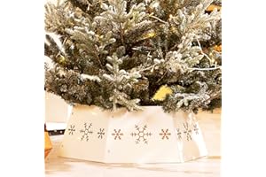 HarcoHome Metal Christmas Tree Collar with 3D Snowflake Authentic, Hexagon Heavy-Duty Iron Tree Base Cover for Pencil Tree, Tree Ring, Tree Skirt for Xmas Decor (Cream with Gold Flakes)