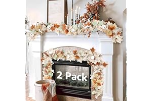 HUMINBO Neutral Fall Garland for Mantle Fireplace - 2 Pack 5.8Ft Outdoor Autumn Leaves Decor for Home Front Door with Pumpkins Farmhouse Indoor Maple for Table Stairs Porch Thanksgiving Halloween Decorations