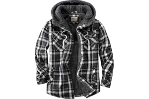 Shawnda Men's Sherpa Hooded Flannel Jacket Cotton Button Down Shirt Jacket Plaid