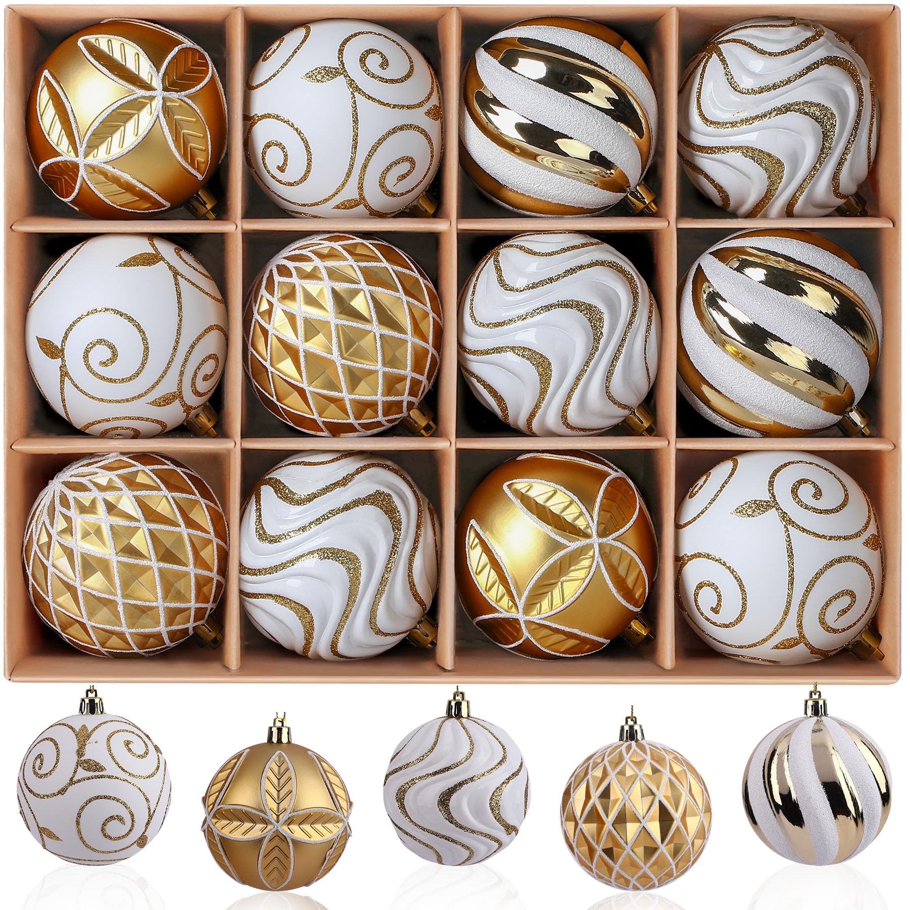 Photo 1 of Alupssuc 3.15"/80mm Christmas Balls Ornaments, 12Pcs Christmas Tree Decorations, Shatterproof Christmas Hanging Baubles Set with Hooks for X-mas Party Wedding Holiday Decor, Gold & White