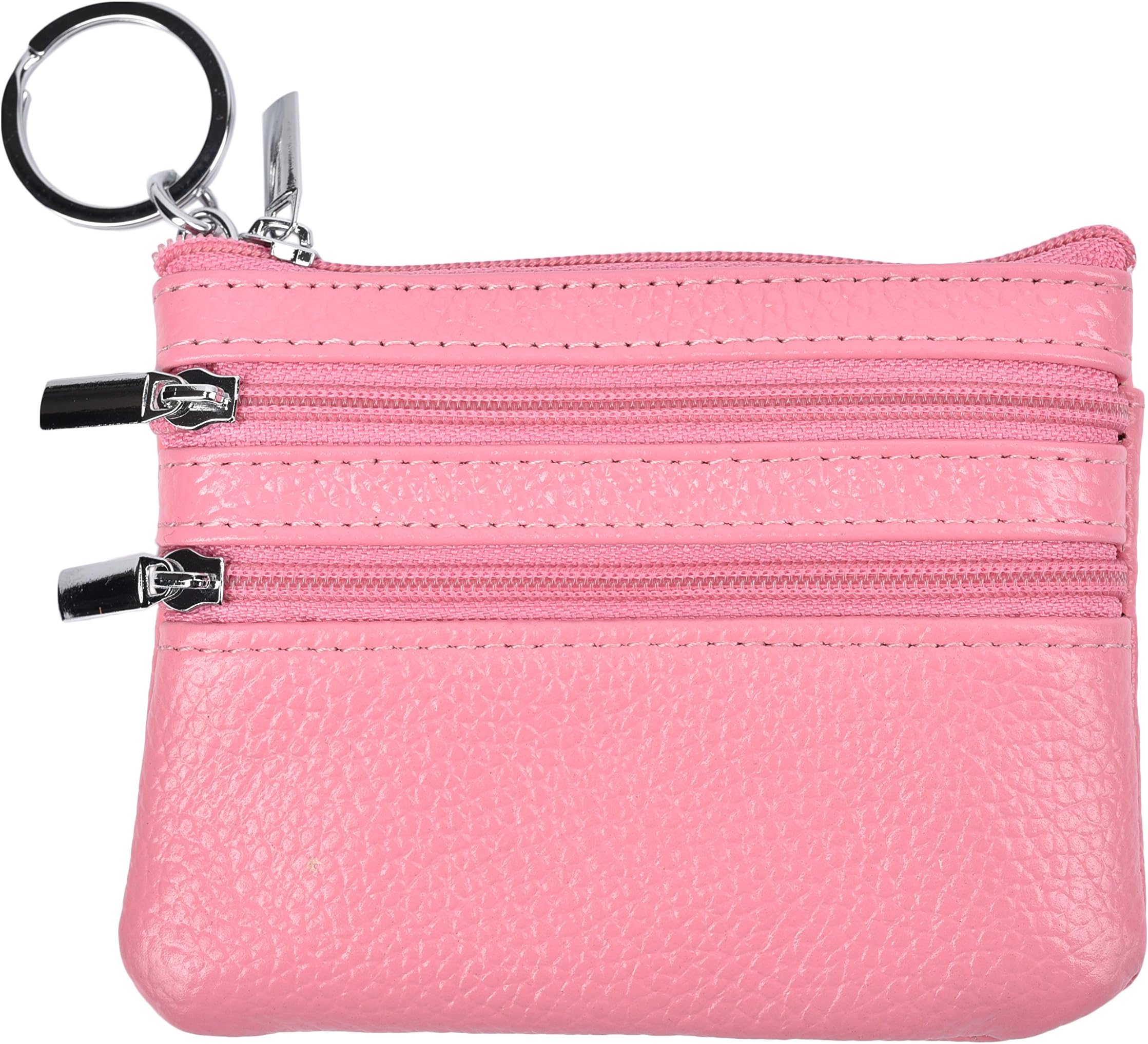 Outrip Womens Mini Coin Purse Wallet Genuine Leather Zipper Pouch with Key Ring (Pink)