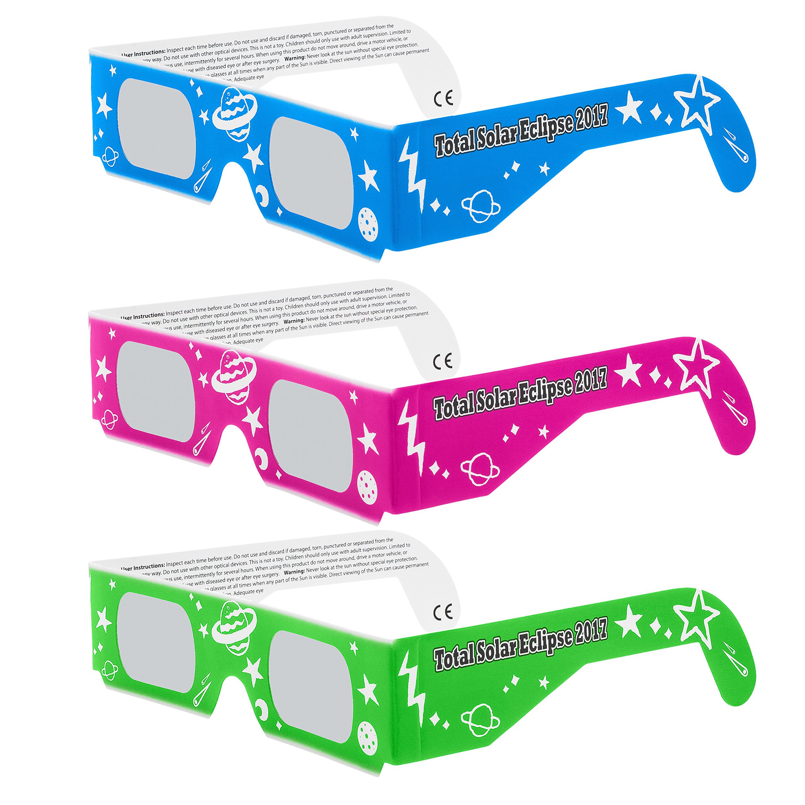 Solar Eclipse Glasses CE and ISO Certified - Safe Solar Viewing - Viewer and Filter - Made in USA - NEON (3 Pack)