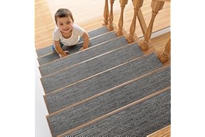 ZOMONETI 15pcs 8" x 30" Linen Non Slip Stair Carpet Treads for Wooden Steps Indoor, Machine Washable Stair Runners for Kids Elders and Pets, Stair Carpet Pads for Wood Stairs, Black