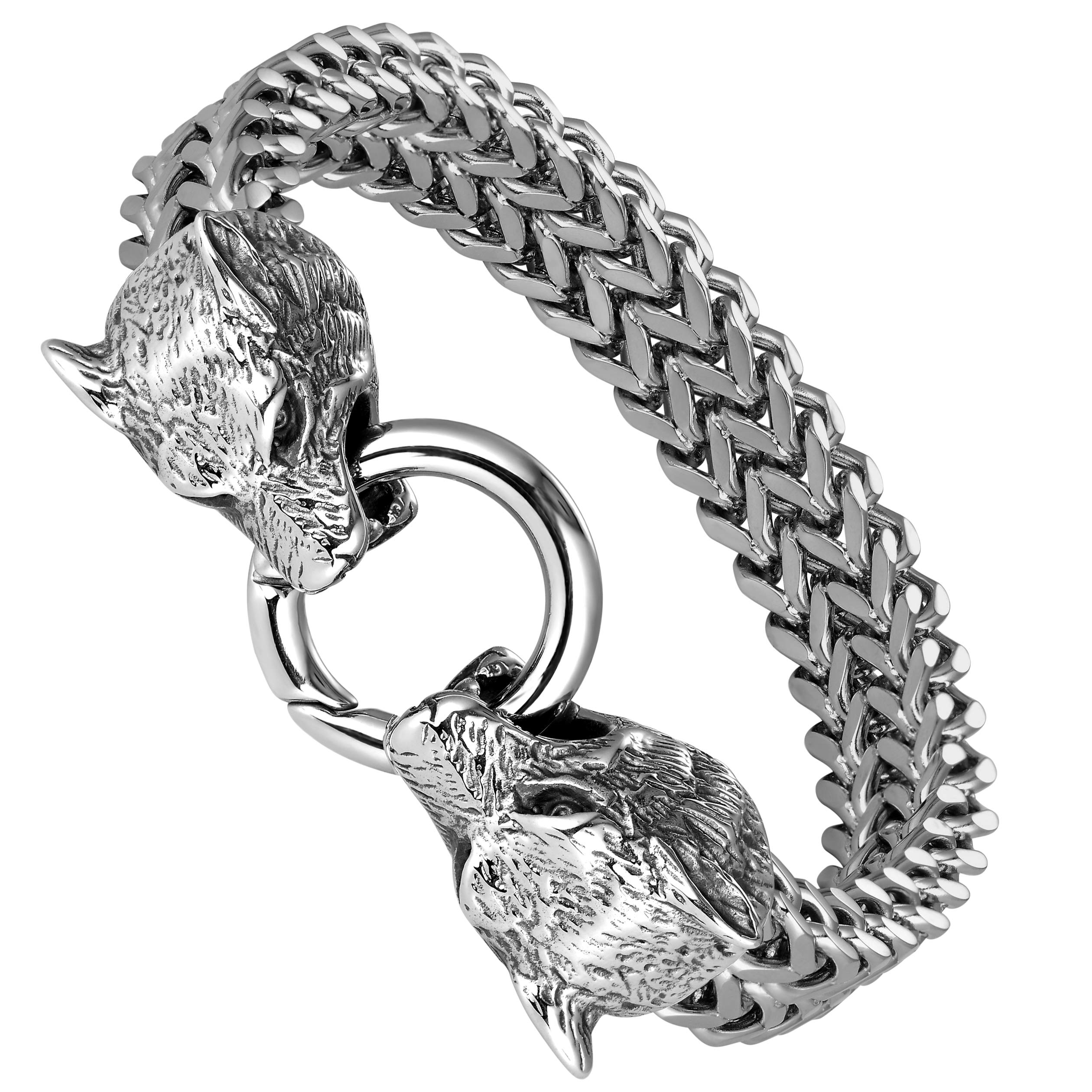 Daringly Bold Men’s Biker Bracelet – Foxtail Chain with Wolf’s Head Design – Polished Silver Finish – Made of Rust & Discoloration Resistant Stainless Steel – Jewelry Gift or Accessory for Men