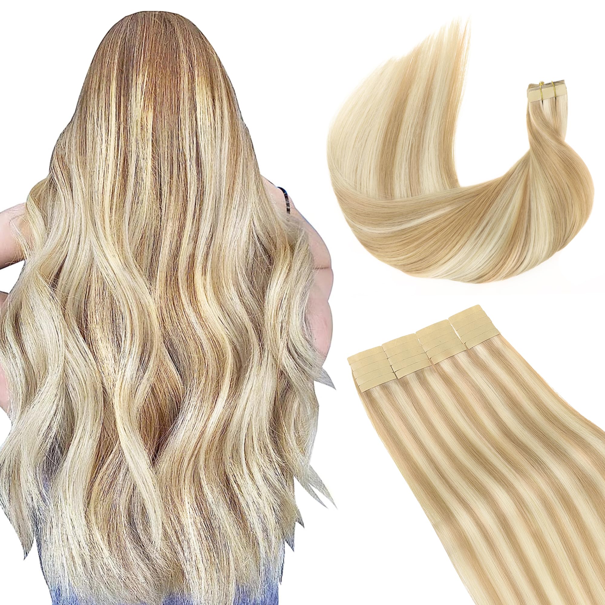 GOO GOO Tape in Hair Extensions Human Hair, 20pcs 50g 14inch, Ash Blonde Mixed Bleach Blonde Real Remy Hair Extensions Seamless Straight Human Hair Extensions — image 1