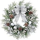 Sggvecsy 20 Inch Artificial Christmas Wreath for Front Door with Pine Needles White Berries Pine Cones Silver Bow Christmas Ball Decorations for Winter Wall Outdoor Home Holiday Xmas Decor