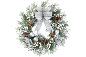 Sggvecsy 20 Inch Artificial Christmas Wreath for Front Door with Pine Needles White Berries Pine Cones Silver Bow Christmas Ball Decorations for Winter Wall Outdoor Home Holiday Xmas Decor