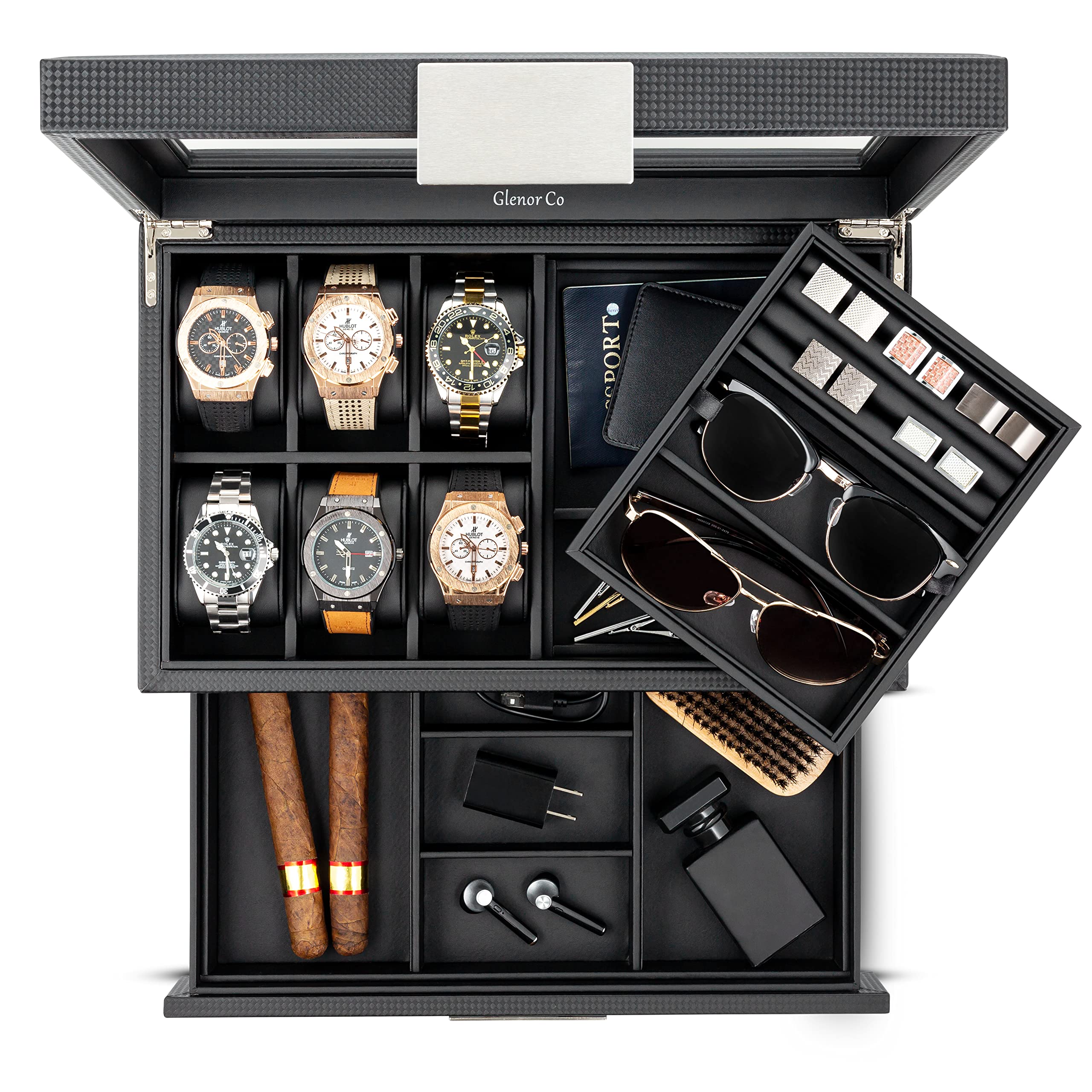 Glenor Co Valet Jewelry Box for Men - Holds 6 Watches, 12 cufflinks, 2 Sunglasses, Drawer & Tray Storage - Watch Case - Carbon Fiber design Organizer w Metal Accents & Large Glass Lid - Black
