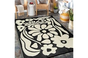 Wonnitar Outdoor Plastic Straw Rug,5x8 Reversible Outdoor Rug Waterproof Patio Rugs Clearance,Portable Outside RV Rugs for Camping,Abstract Flower Mats for Deck Balcony Backyard,Black and White