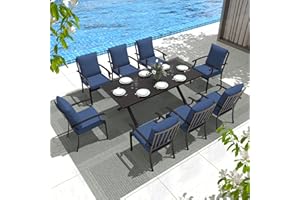 Gotland 9 Piece Outdoor Dining Table and Chairs for 6, Rectangular Patio Dining Table with Umbrella Hole, Metal Modern Outdoor Patio Set, Lawn Garden Outdoor Table and Chairs, Navy