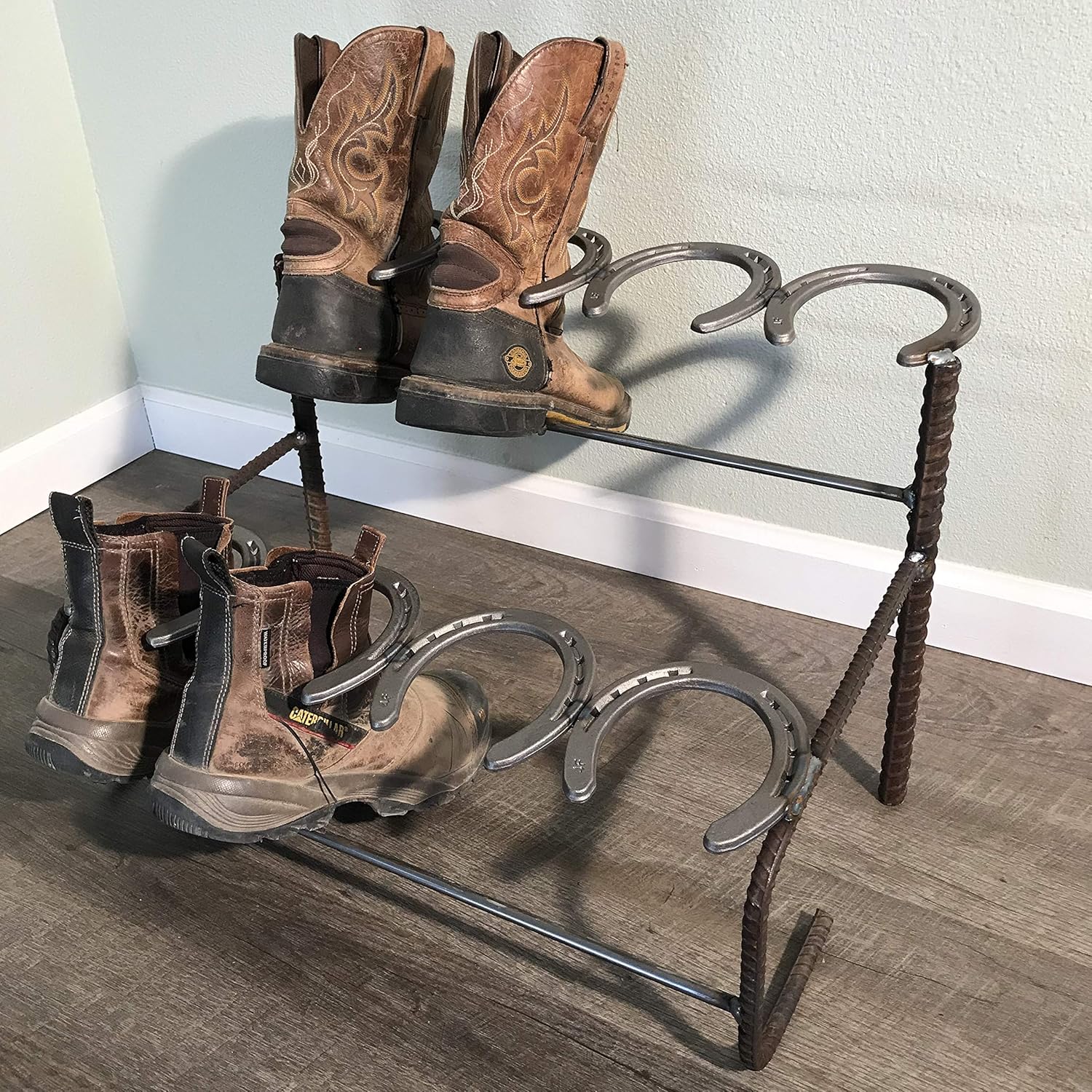 boot rack made out of horseshoes