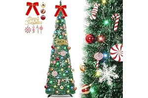 TURNMEON [ Timer ] 6 Ft Pop Up Christmas Tinsel Tree, Green Collapsible Christmas Tree with 50 Colorful Light 16 Candy 10 Ball 4 Snowflake Merry Christmas Bow DIY Ornaments Battery Operated Xmas Decor Indoor