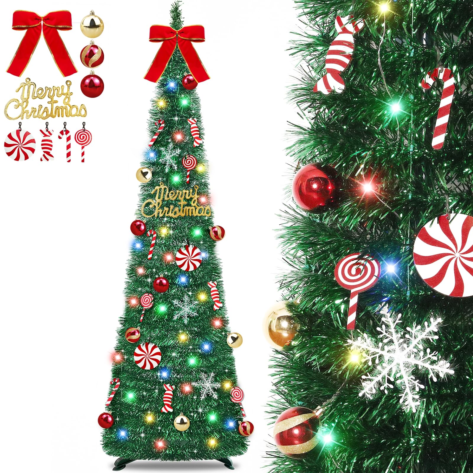 Photo 1 of [ Timer ] 6 Ft Pop Up Christmas Tinsel Tree, Green Collapsible Christmas Tree with 50 Colorful Light 16 Candy 10 Ball 4 Snowflake Merry Christmas Bow DIY Ornaments Battery Operated Xmas Decor Indoor