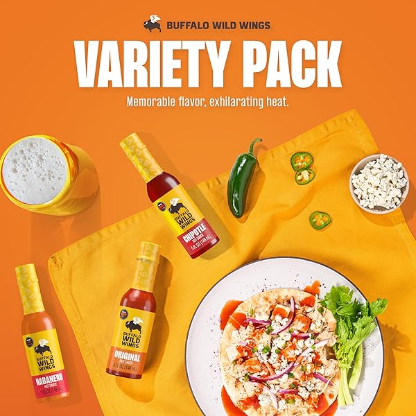 BUFFALO WILD WINGS HOT SAUCE GIFT PACK, INCLUDES CLASSIC, HABANERO, AND CHIPOTLE HOT SAUCES, 5 FL OZ BOTTLES, MARINADE, AND SEASONING FOR CHICKEN WINGS AND PORK RIBS