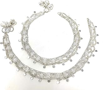 Indian Pakistani Bridal Ethnic Payal Silver Tone Anklet Pair Lace Filigree with Loud Bells