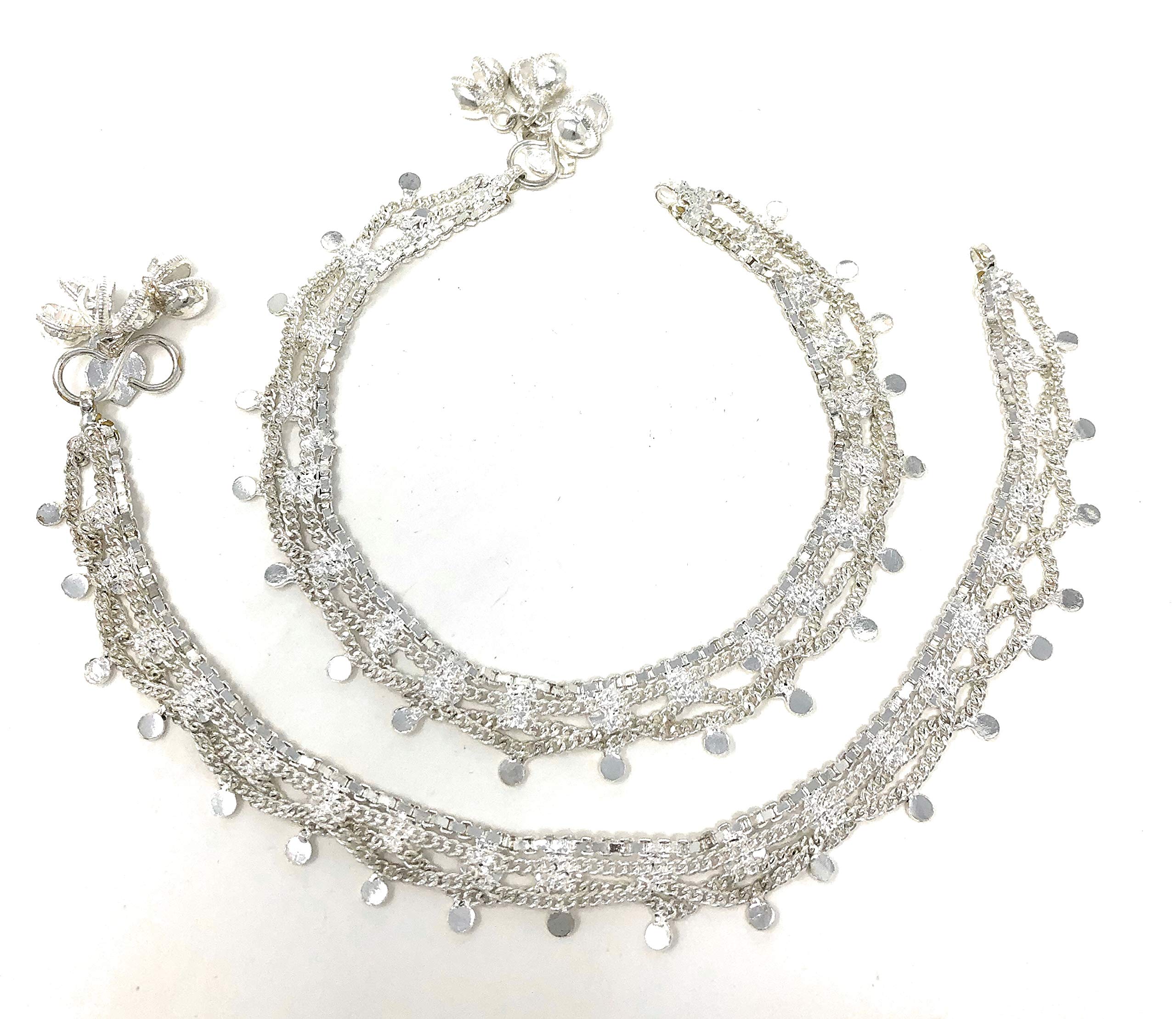 Indian Pakistani Bridal Ethnic Payal Silver Tone Anklet Pair Lace Filigree with Loud Bells