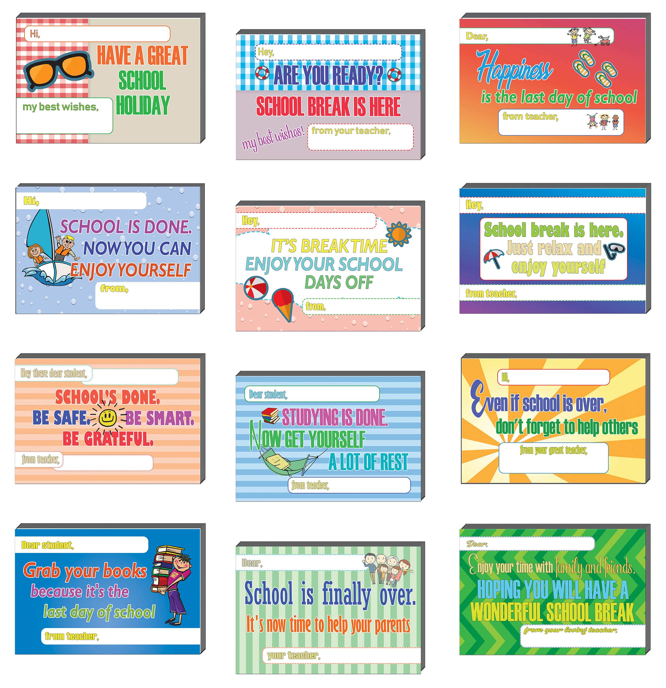 Creanoso School Holiday Positive Postcards (12-Pack) – School Break Greeting Card Designs - Premium Gift Card Gift Tokens for Teachers to Students – Cool Student Giveaways Collection Pack Set