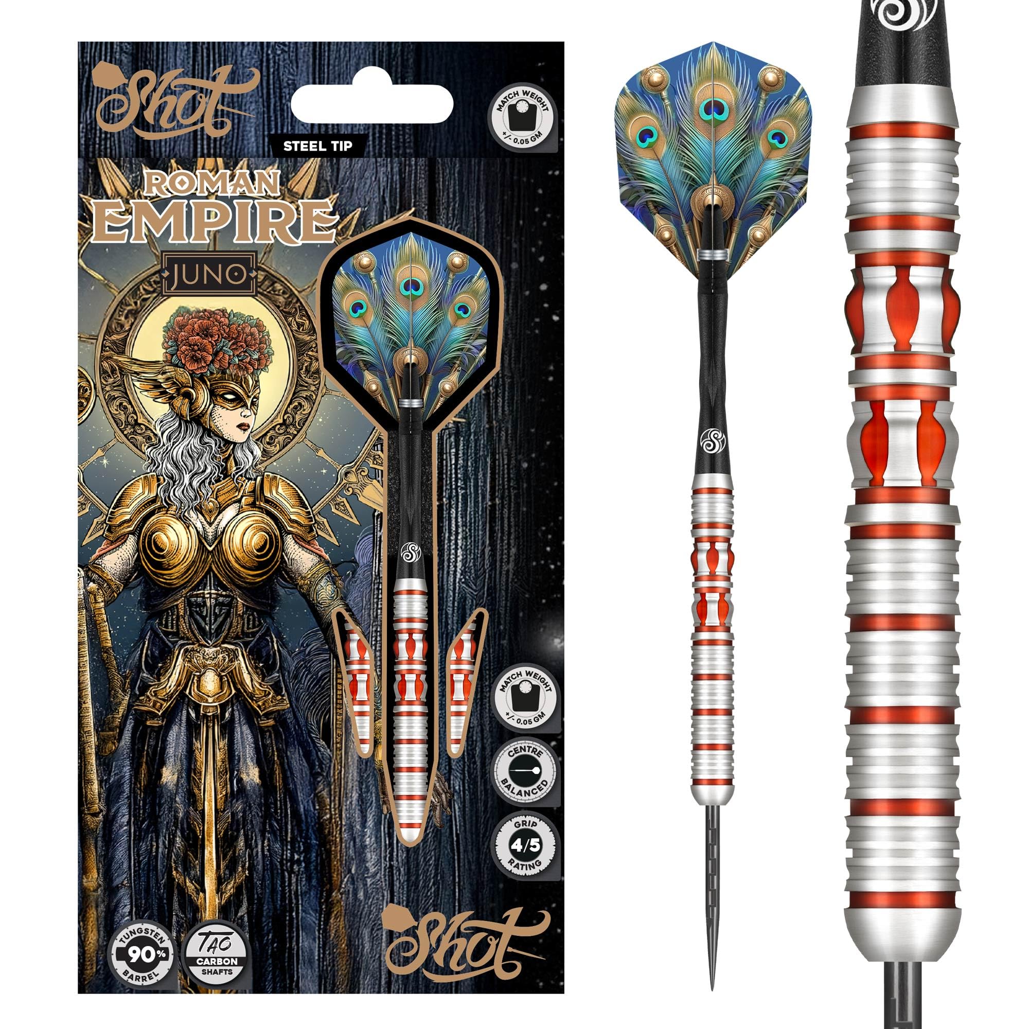 Shot! - Roman Empire Juno Steeltip Darts | 90% Tungsten for Slim Barrel & Durability | 25g Weight for Precision | Enhanced Grip for Control | Roman Design, Blue, Tungsten