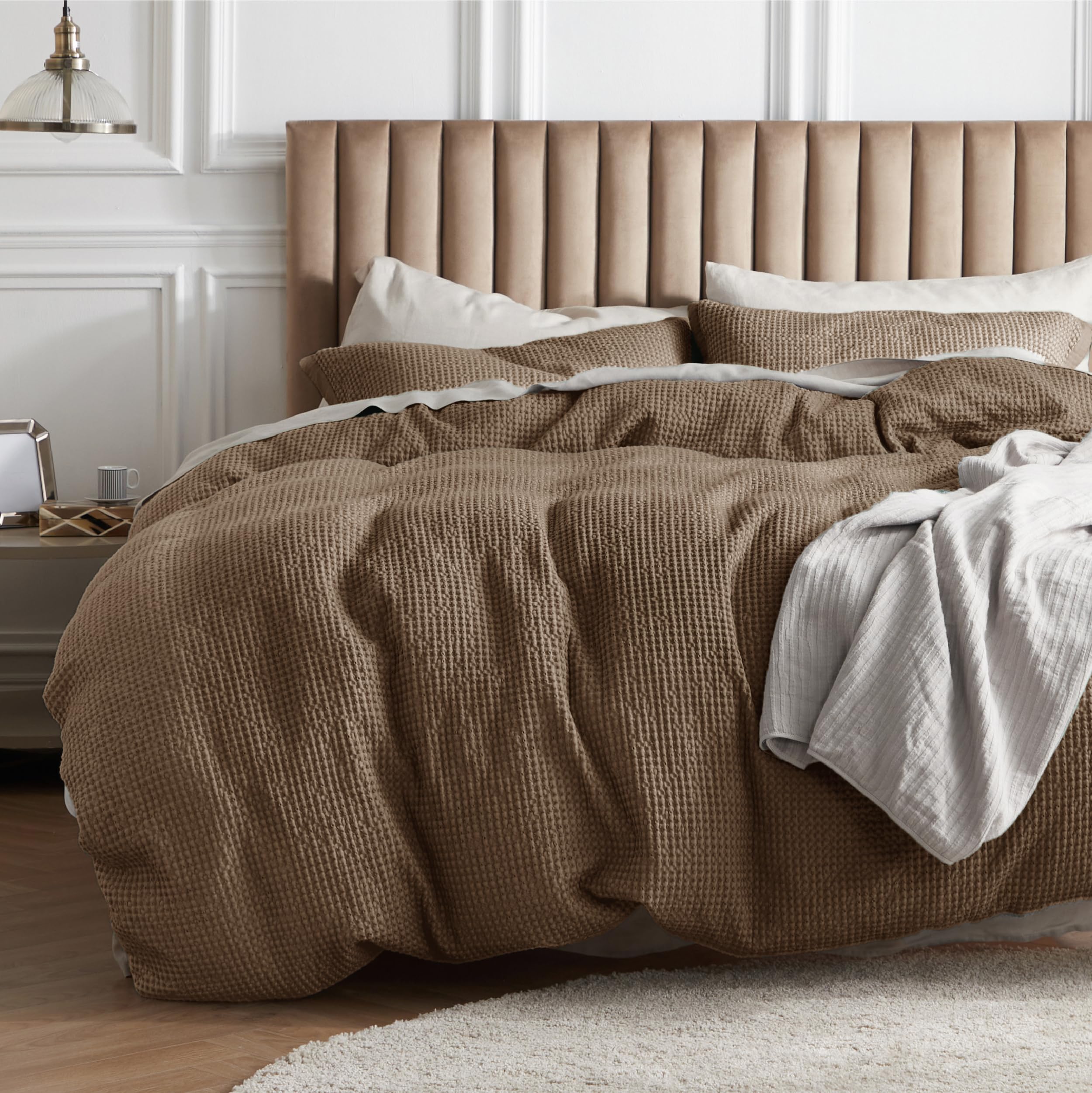 Photo 1 of Bedsure Cotton Duvet Cover King - 100% Cotton Waffle Weave Brown Duvet Cover King Size, GentleSoft™ and Breathable Bedding Set for All Season, 3 Pieces, 104"x90"